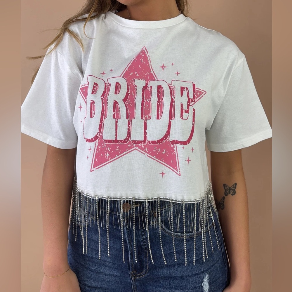 Bride Pink Star Crop Top with Rhinestone Fringe